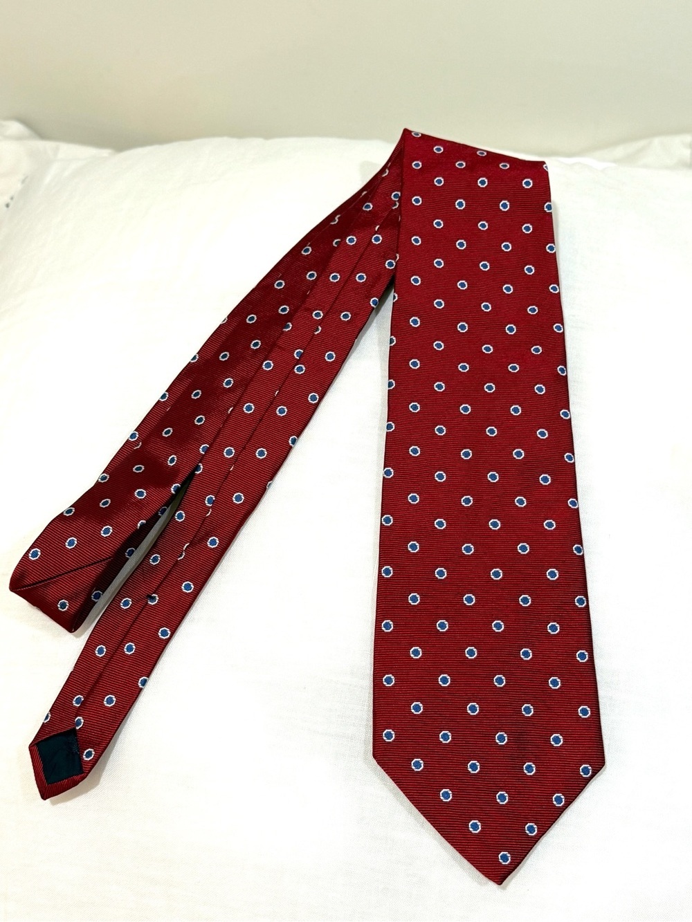 Brooks Red Silk Tie with Blue and White Dot Pattern